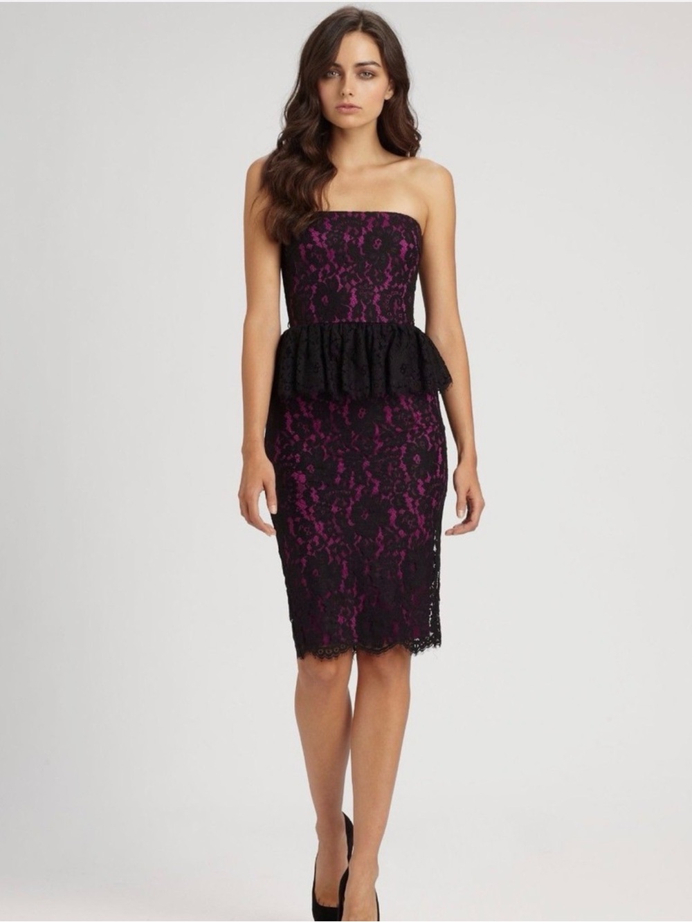 Robert Rodriguez Strapless Black Lace Peplum Dress with Fuchsia Lining